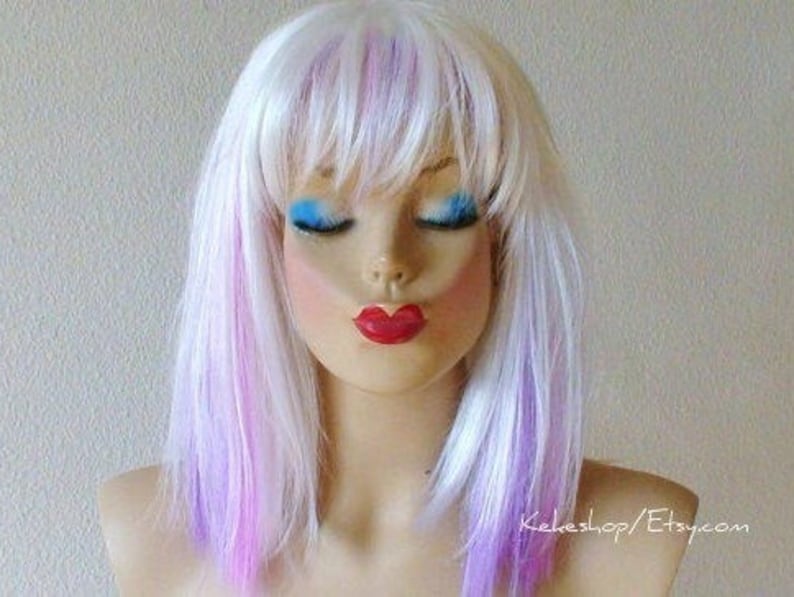 White Lavender Ombre wig. 16 Straight hair with bangs wig. Heat friendly synthetic hair wig. image 1