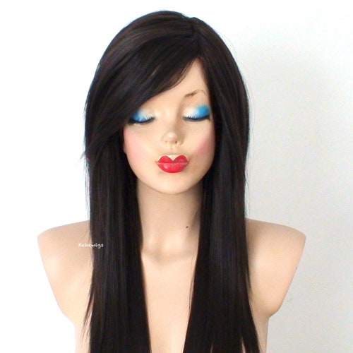 Dark Brown Wig. 28 Straight Layered Hair Side Bangs Wig. - Etsy Dark Brown Wig. 28 Straight Layered Hair Side Bangs Wig. - Etsy