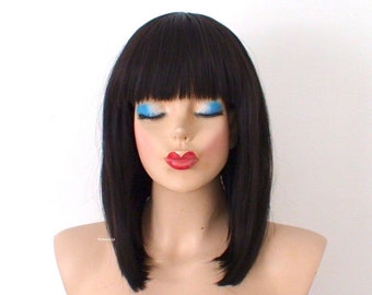 Brown wig. Black wig. Short straight hair wig with bangs. Heat friendly synthetic hair wig.