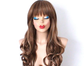 Brown / Ash blonde wig. 26” curly hair wig with bangs, Heat friendly synthetic hair wig.