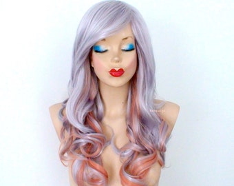 Gray / Rose Gold  Ombré wig. 26” Curly hair side bangs wig. Heat friendly synthetic hair wig.
