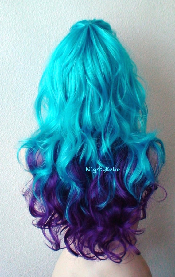 Teal Blue Purple Ombre Wig Long Curly Hair Side Bangs Wig Etsy