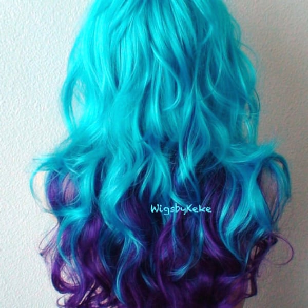 Teal Blue Purple Ombre wig. 26" Curly hair side bangs wig. Heat friendly synthetic hair wig.