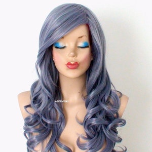 Blue Gray wig. 26&quot; Curly hair side bangs wig. Heat-friendly synthetic hair wig.
