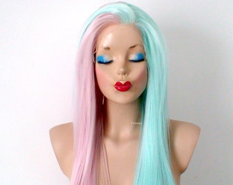 Lace front wig. Pastel pink mint side by side wig. 30" Straight layered hairstyle wig.