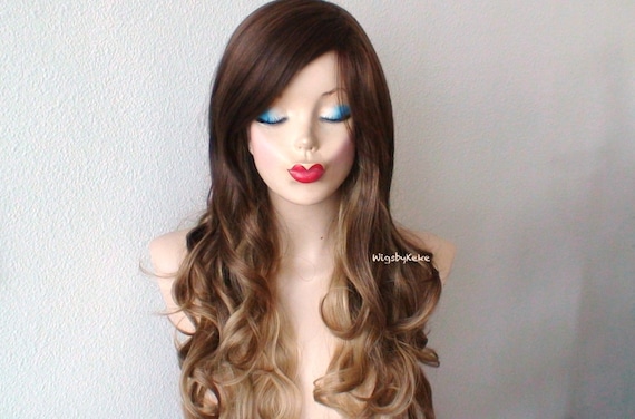 Ombre Wig Brown Dirty Blonde Long Curly Wig With Long Side Etsy