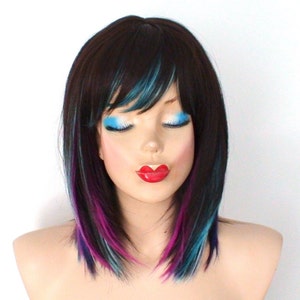 Brown Galaxy Ombre wig. 16" Straight wig with bangs. Heat friendly synthetic hair wig.