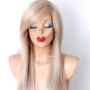 Ash Blonde wig. 28&quot; Straight layered hair with side bangs wig. Heat-friendly synthetic wig.