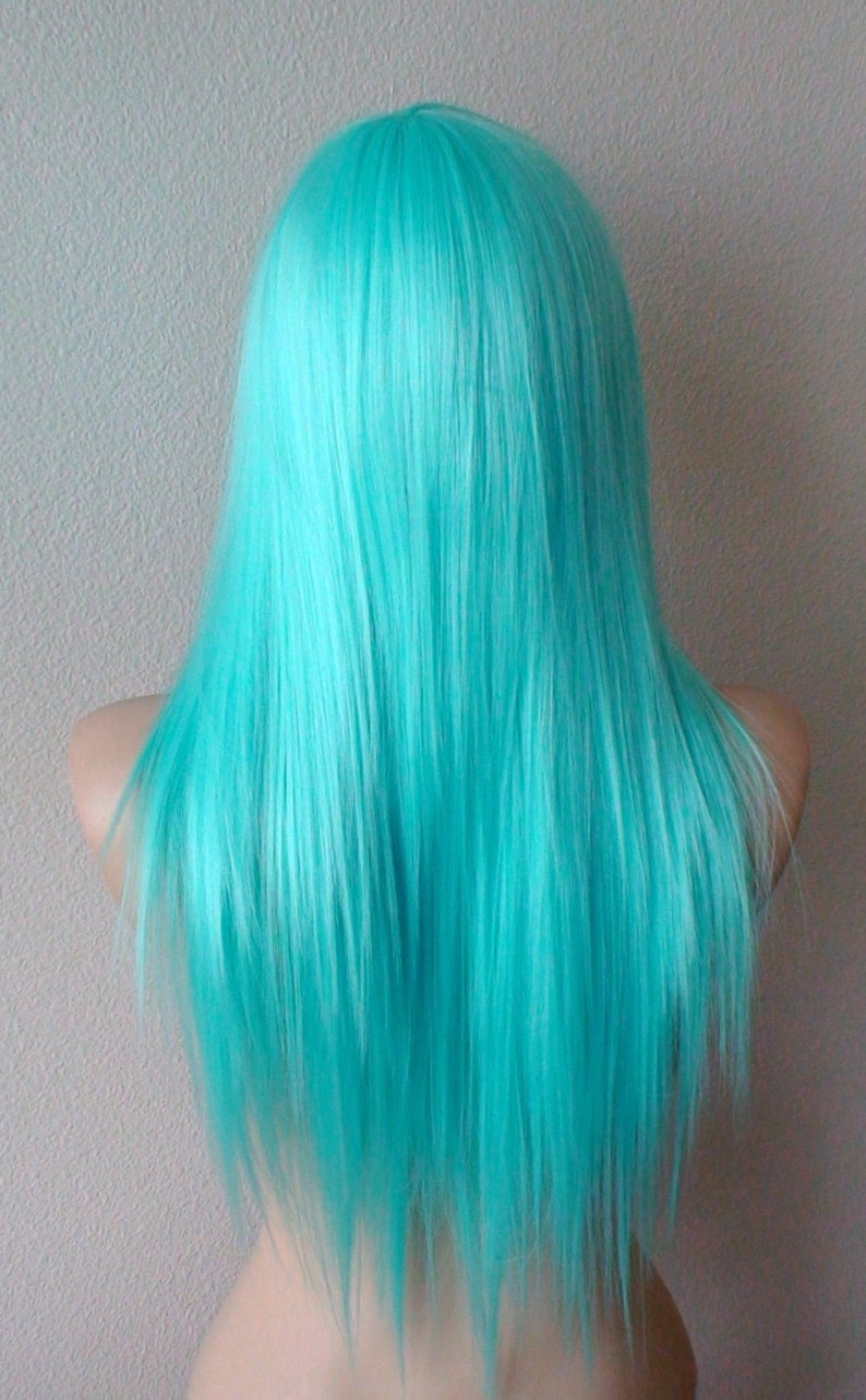 Mint blue wig. Emo wig. Scene hair. Long straight hair long Etsy