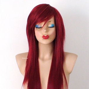 Wine Red wig. Emo wig. Straight layered hair wig. Heat friendly synthetic hair wig