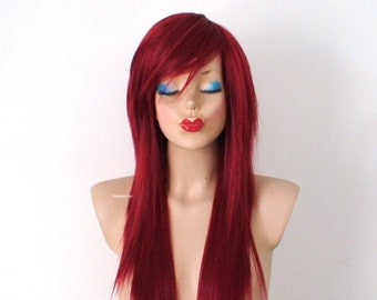 Wine Red wig. Emo wig. Straight layered hair wig. Heat friendly synthetic hair wig