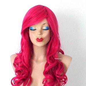 Hot pink wig. 26” Curly hair side bangs wig. Heat friendly synthetic hair wig.