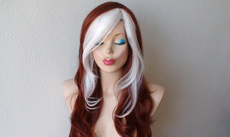 Cosplay wig. Auburn hair White bangs wavy hairstyle Cosplay wig. Heat friendly synthetic hair wig. image 3