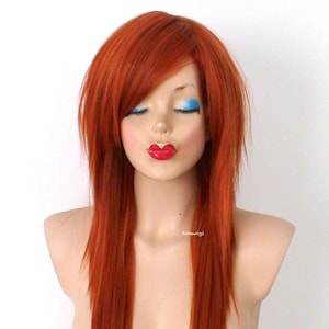 Ginger Orange wig. 26&quot; Straight layered hair side bangs wig. Heat friendly synthetic hair wig.