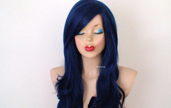 Black Blue Wig Long Curly Hair Long Side Bangs Wig Durable Etsy