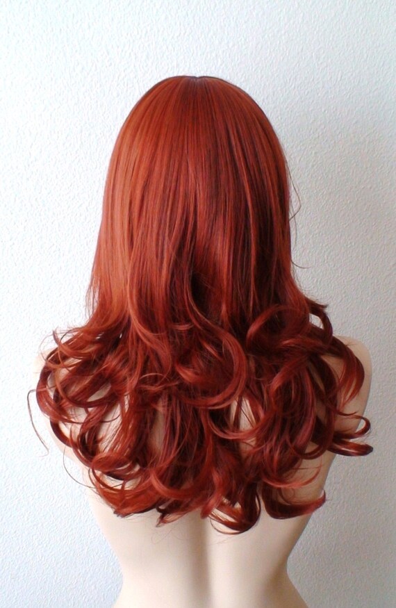 Copper Red Wig Medium Length Wavy Hairstyle Side Bangs Wig Etsy