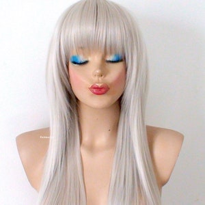 28&quot; Bright gray straight layered hair with bangs wig. Heat friendly synthetic hair wig.