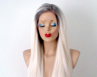 Lace front wig. White blonde wig. Long straight cream white dark roots wig. Heat friendly synthetic wig.