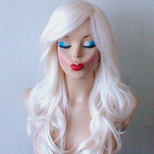 White Wig: 26" Curly Heat-Friendly Synthetic Hair with Side Bangs