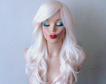 White Wig: 26" Curly Heat-Friendly Synthetic Hair with Side Bangs