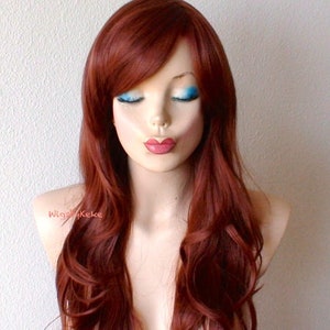 Auburn wig. 26” Wavy hair side bangs wig. Heat friendly Synthetic hair wig.