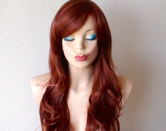 Auburn wig. 26” Wavy hair side bangs wig. Heat friendly Synthetic hair wig.