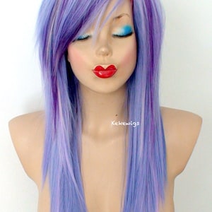 Emo wig. Pastel Purple Lavender blue pink wig. 24&quot; Straight layered hair side bangs wig.