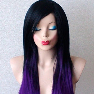 Black Purple Ombre wig. 28&quot; Straight layered hair side bangs wig. Heat-friendly synthetic hair wig.