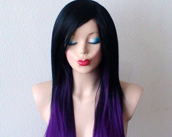 Black Purple Ombre wig. 28" Straight layered hair side bangs wig. Heat friendly synthetic hair wig.