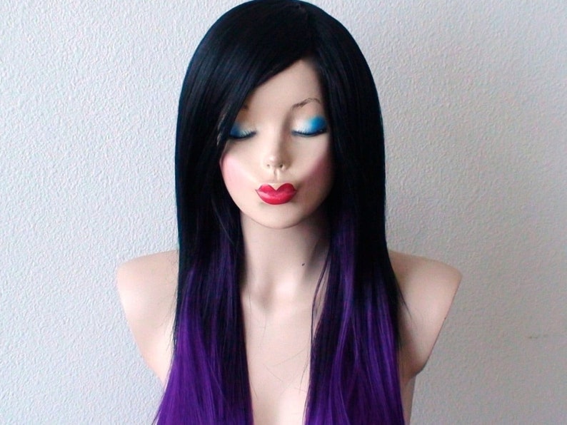 Black Purple Ombre wig. 28 Straight layered hair side bangs wig. Heat friendly synthetic hair wig. image 1