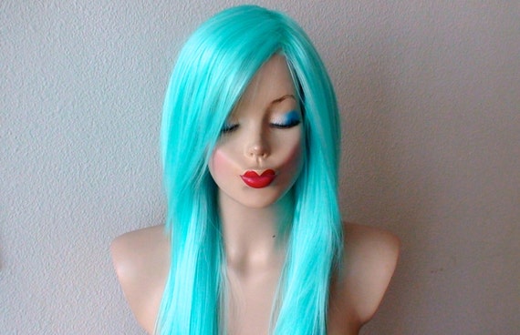 Mint Blue Wig Emo Wig Scene Hair Long Straight Hair Long Etsy