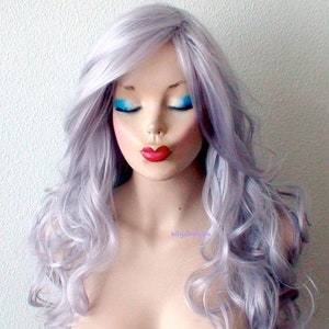 Gray wig. 26” Curly hair side bangs wig. Heat friendly synthetic hair wig.