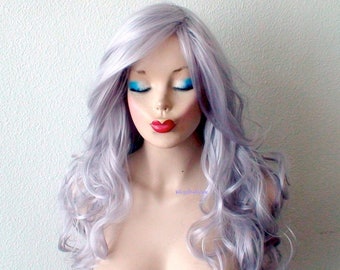 Gray wig. 26” Curly hair side bangs wig. Heat friendly synthetic hair wig.
