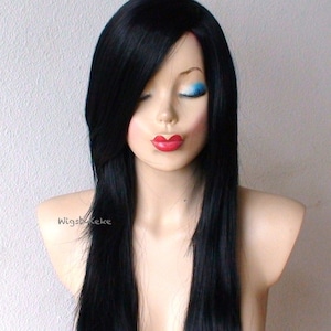 Black wig. 28" Straight layered hair side bangs wig. Heat friendly synthetic hair wig.