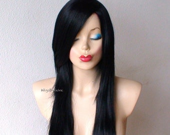 Black wig. 28" Straight layered hair side bangs wig. Heat friendly synthetic hair wig.