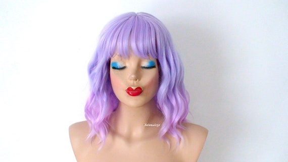 Pastel Lavender Ombre Wig Short Beach Waves Hair With Bangs Etsy