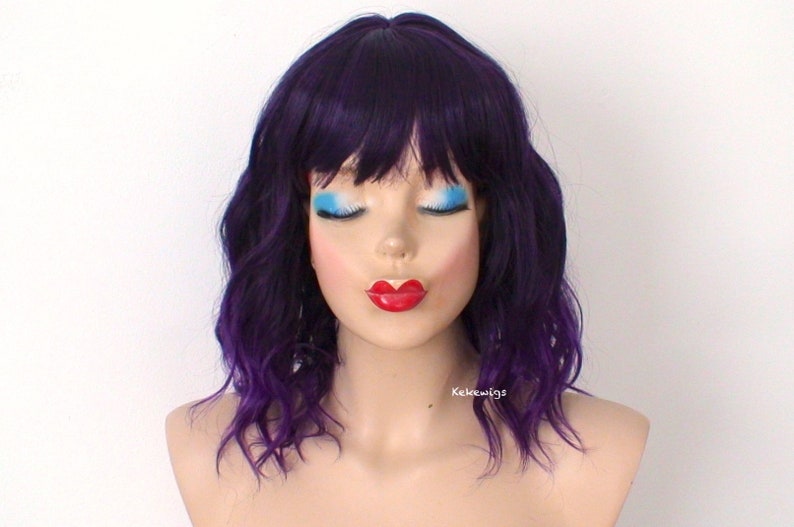 Purple Ombre wig. 16 Wavy hair wig with bangs. Heat friendly synthetic hair wig. image 2