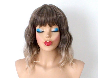Ash Brown / Ash blonde Ombre wig. 16" Wavy hair wig. Heat friendly synthetic hair wig.