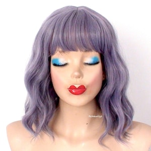 Mother of Pearl Gray wig. 16" Wavy wig with bangs. Heat friendly synthetic hair wig.