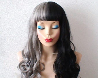 Gray Black side by side wig. 28" Curly hair with bangs wig. Heat friendly synthetic hair wig.