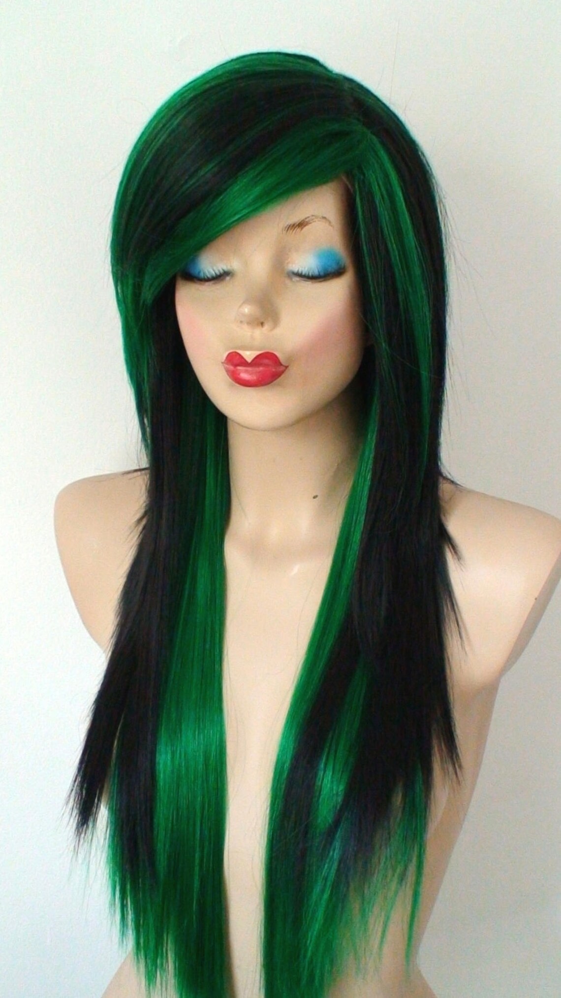 Scene Wig. Emo Wig. Black Green Wig. 28 Straight Layered Hair Etsy