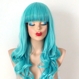 Aqua blue wig. 26&quot; Curly hair with bangs wig. Heat-friendly synthetic hair wig.