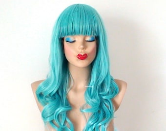 Pastel Teal Blue Mermaid hair wig. 26" Curly hair with bangs wig. Heat friendly synthetic hair wig.