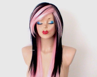 Emo wig. Black Candy Pink Ombre wig. Scene wig. 28" Straight layered wig with side bangs. Cosplay wig.