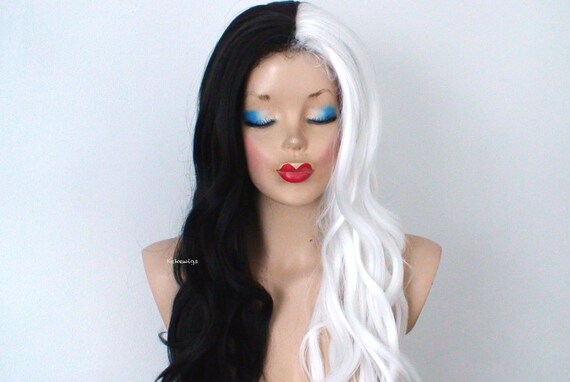 White Black Wig Half White Half Black Side By Side Long Wavy Etsy