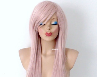 Antique pink wig. 28" Straight hair side bangs wig. Heat friendly synthetic hair wig.