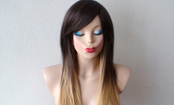 Brown Golden Blonde Ombre Wig Long Straight Hairstyle Quality Etsy