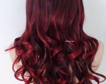 Wine red Ombre Wig. 26" Curly hair Side bangs wig. Heat-friendly synthetic hair wig.