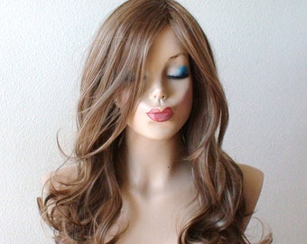 Brown Dirty Blonde wig.  26" Curly hair side bangs wig. Heat friendly synthetic hair wig.