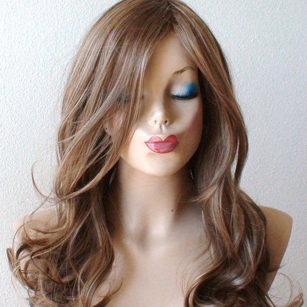 Brown Dirty Blonde wig.  26" Curly hair side bangs wig. Heat friendly synthetic hair wig.